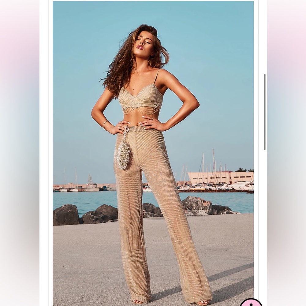 Nude Premium Embellished Wide Leg Pants & Draped Bead Bralet